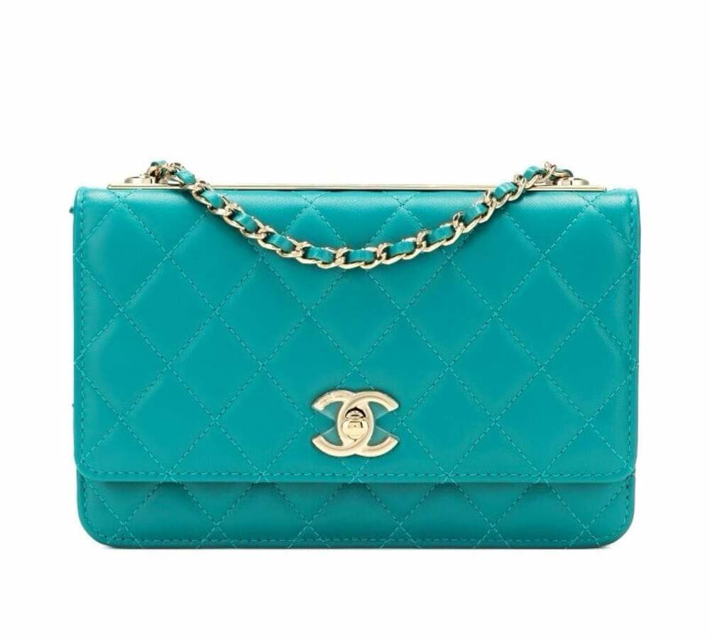 CHANEL Quilted Wallet on Chain WOC Flap Turn Lock Teal Gold HW Dust Bag